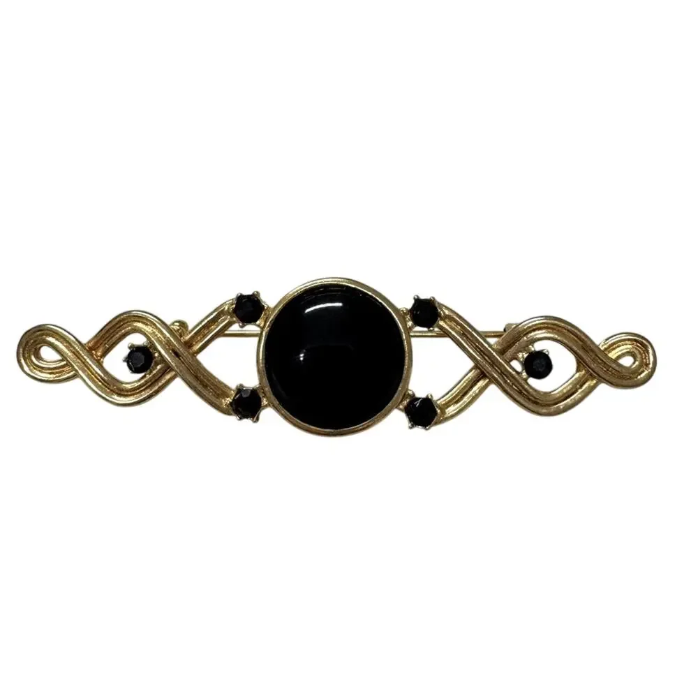 Dauplaise Vintage Gold Tone Black Glass Bead & Rhinestone Brooch Pin Estate